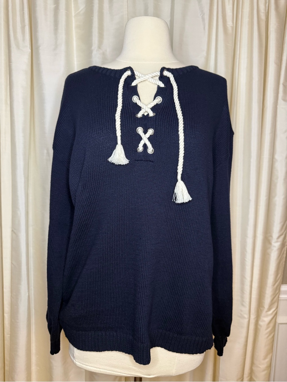 Talbots Navy Lace-Up Rope Sweater - Size Large - Picture 2 of 12
